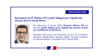 Nomination de monsieur Mathias Ott, préfet délégué pour l’égalité des chances dans le Val-de-Marne